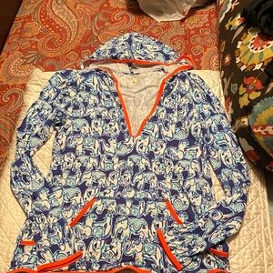 Lilly Pulitzer Luxletic Blue and White Graphic Hoodie with Orange Trim elephants